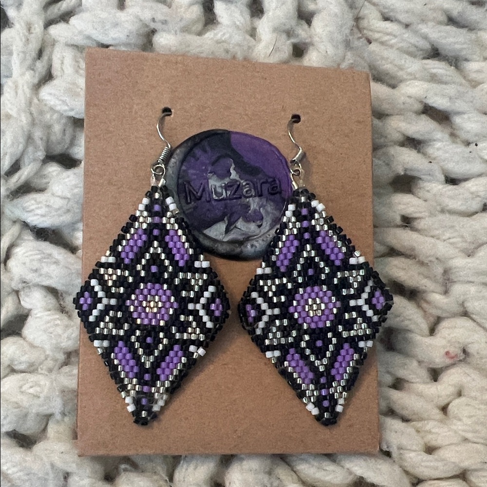 Purple & Black Beaded Diamond Earrings